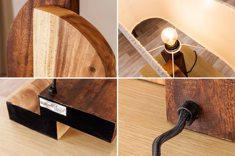 Lampe de table solide LOVERS 60cm bois d’arbre de pluie naturel abat-jour en tissu blanc