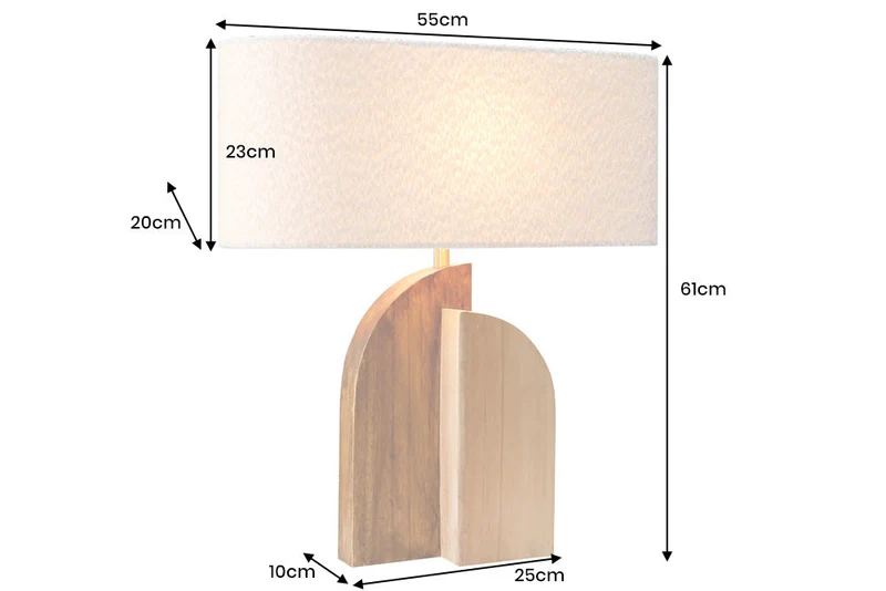 Lampe de table solide LOVERS 60cm bois d’arbre de pluie naturel abat-jour en tissu blanc
