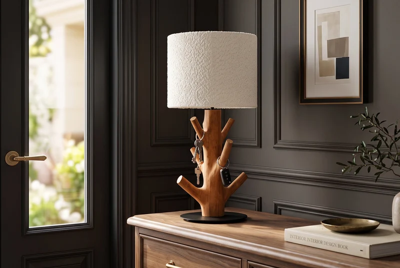 Lampe de table massive JEWELRY 60cm naturelle bois de mangoustan abat-jour en tissu blanc