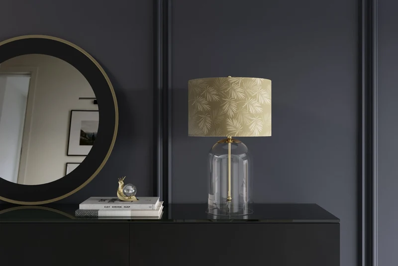 Lampe de table moderne CLASSICO 60 cm verre transparent blanc or abat-jour en lin