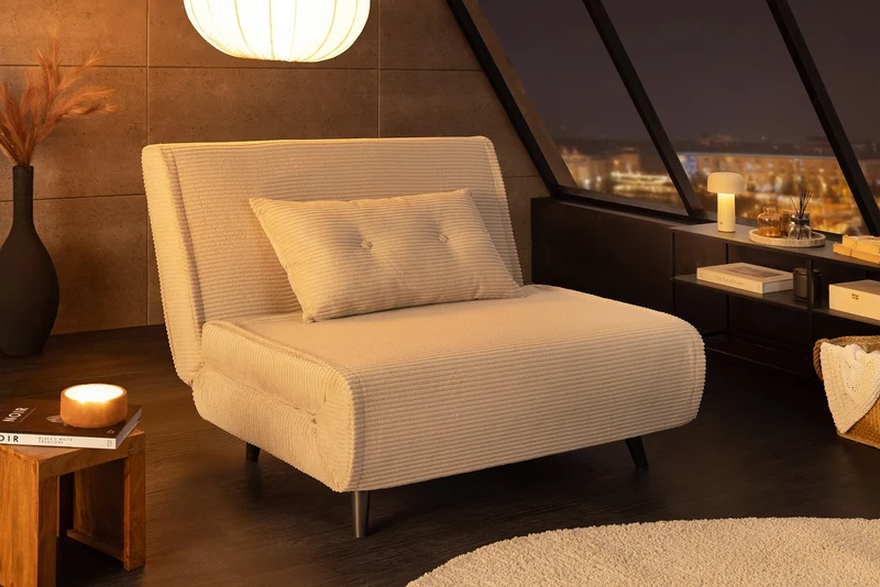 Fauteuil-lit rétro SMART MULTIFUNCTION 100cm beige Cord fonction lit incl. coussin