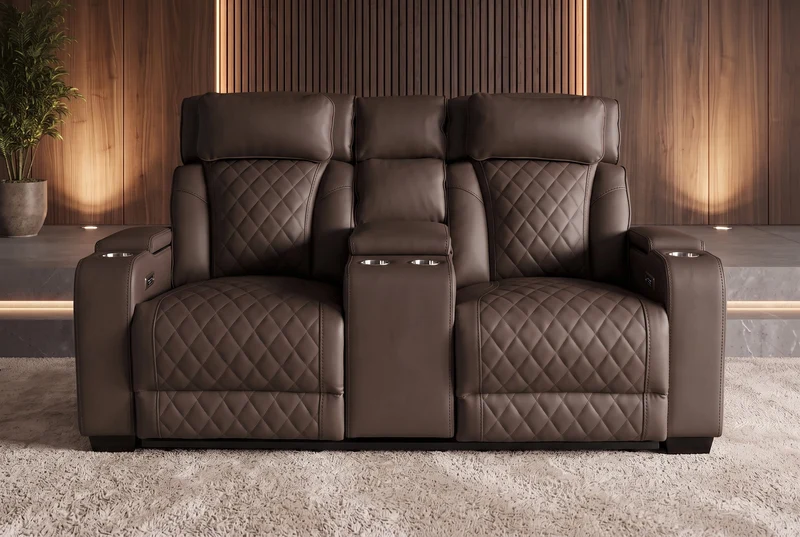 Fauteuil de cinéma électrique 2 places HOLLYWOOD marron similicuir fonction relaxation porte-gobelet