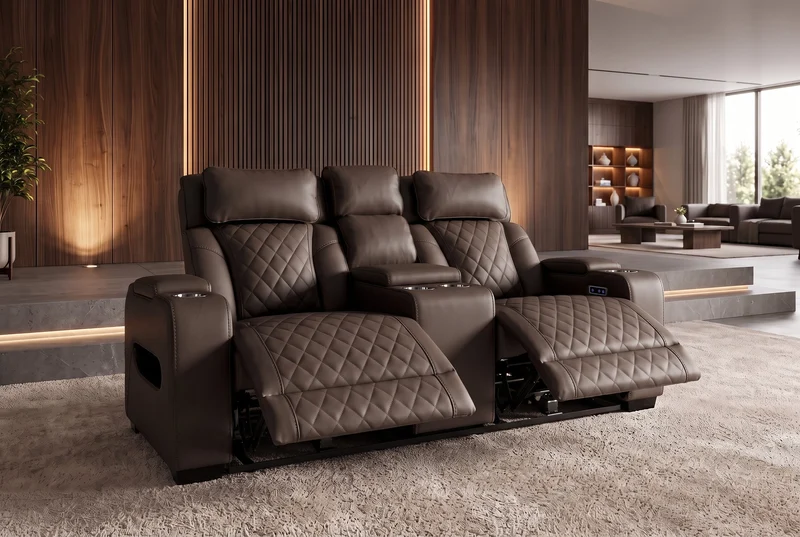 Fauteuil de cinéma électrique 2 places HOLLYWOOD marron similicuir fonction relaxation porte-gobelet