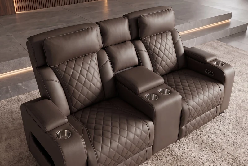 Fauteuil de cinéma électrique 2 places HOLLYWOOD marron similicuir fonction relaxation porte-gobelet