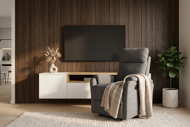 Exclusif 1er fauteuil de cinéma HOLLYWOOD gris tissu structuré position allongée électrique
