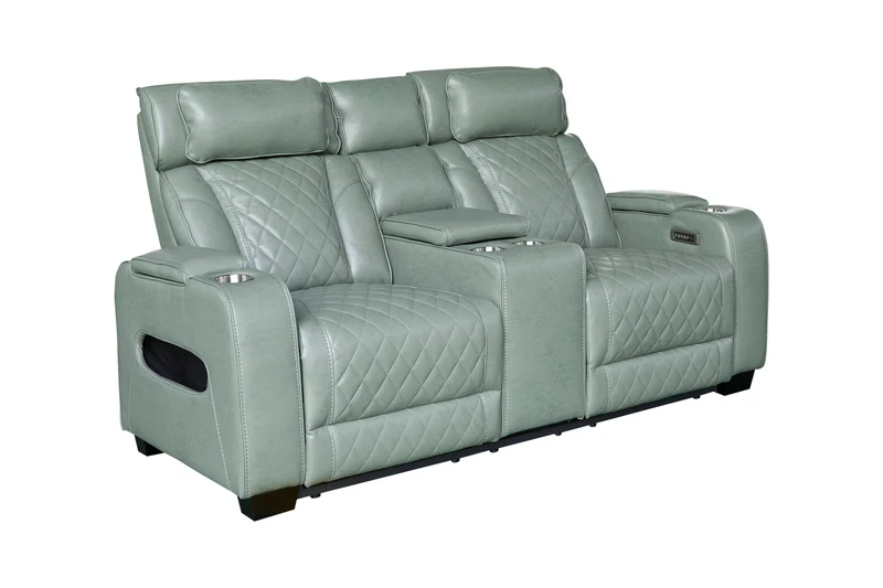 Fauteuil de cinéma électrique 2 places HOLLYWOOD sauge similicuir fonction relaxation porte-gobelet