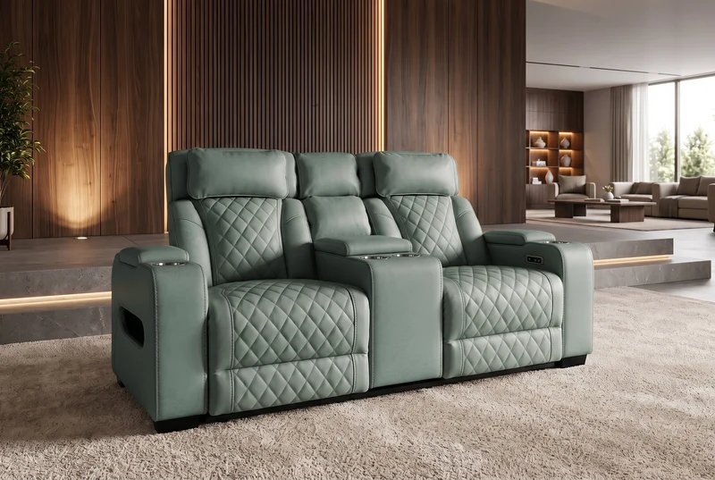 Fauteuil de cinéma électrique 2 places HOLLYWOOD sauge similicuir fonction relaxation porte-gobelet