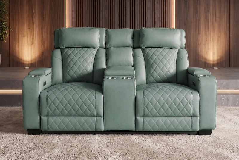 Fauteuil de cinéma électrique 2 places HOLLYWOOD sauge similicuir fonction relaxation porte-gobelet
