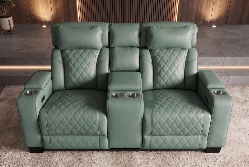 Fauteuil de cinéma électrique 2 places HOLLYWOOD sauge similicuir fonction relaxation porte-gobelet