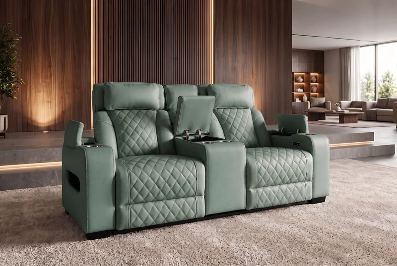 Fauteuil de cinéma électrique 2 places HOLLYWOOD sauge similicuir fonction relaxation porte-gobelet