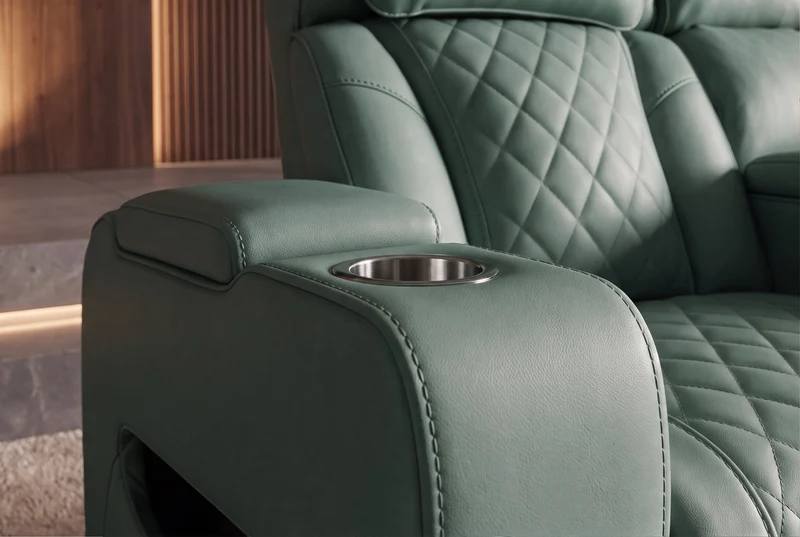 Fauteuil de cinéma électrique 2 places HOLLYWOOD sauge similicuir fonction relaxation porte-gobelet