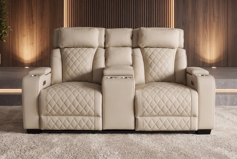 Fauteuil de cinéma électrique 2 places HOLLYWOOD beige similicuir fonction relaxation porte-gobelet