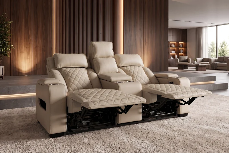 Fauteuil de cinéma électrique 2 places HOLLYWOOD beige similicuir fonction relaxation porte-gobelet