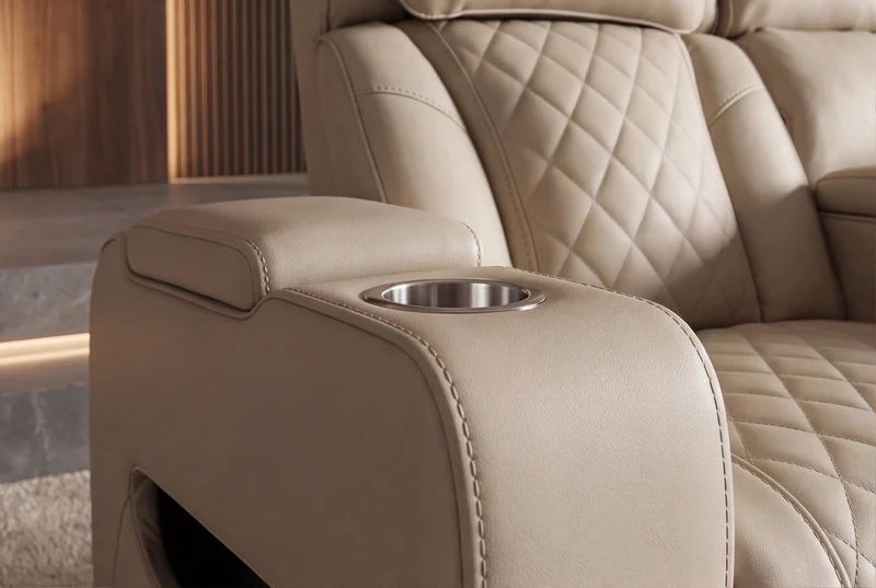 Fauteuil de cinéma électrique 2 places HOLLYWOOD beige similicuir fonction relaxation porte-gobelet