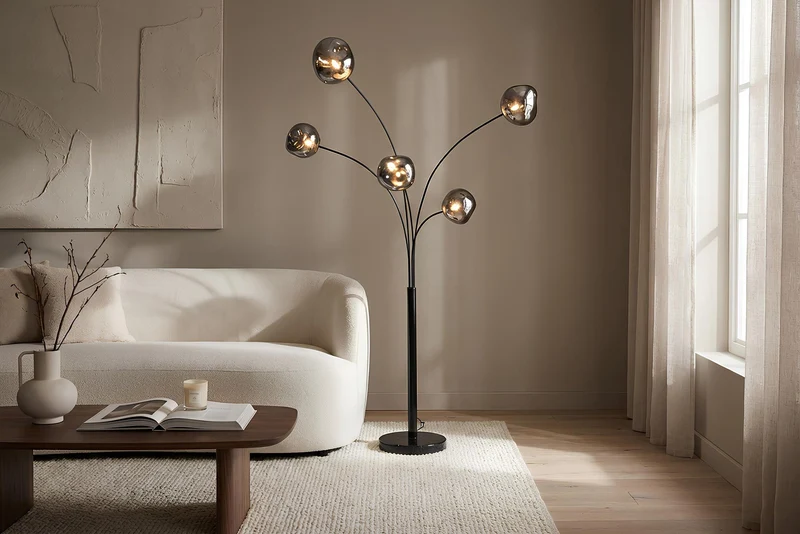 Lampadaire design LIQUID DIAMOND 200cm noir gris fumé cinq abat-jour en verre avec socle en marbre