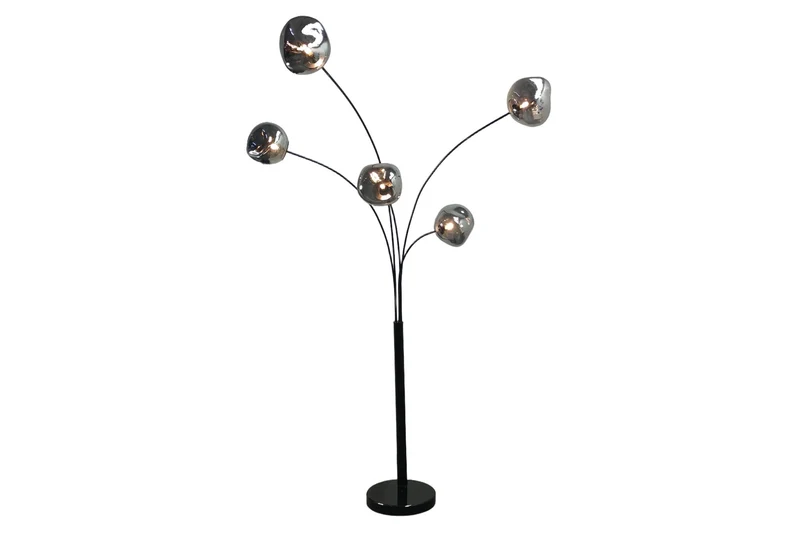 Lampadaire design LIQUID DIAMOND 200cm noir gris fumé cinq abat-jour en verre avec socle en marbre