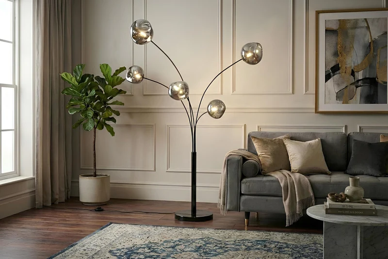 Lampadaire design LIQUID DIAMOND 200cm noir gris fumé cinq abat-jour en verre avec socle en marbre