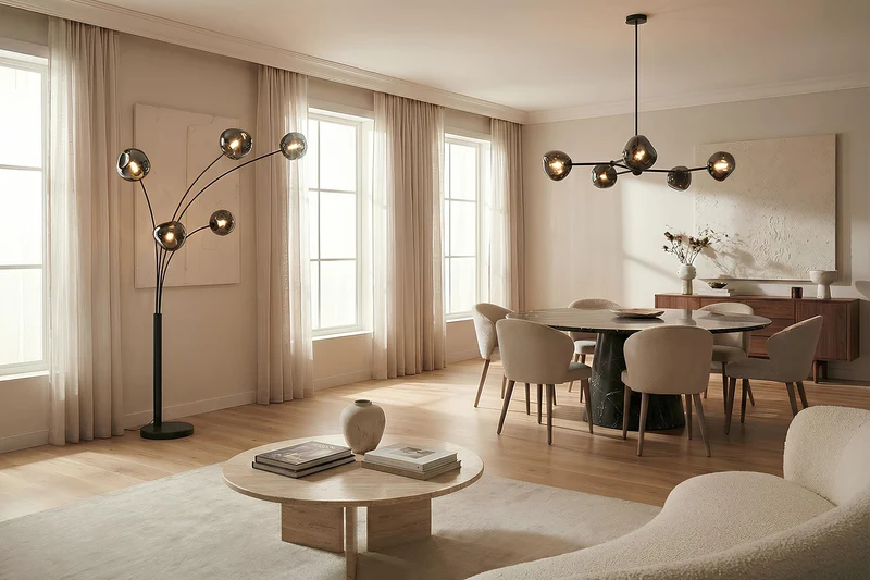 Lampadaire design LIQUID DIAMOND 200cm noir gris fumé cinq abat-jour en verre avec socle en marbre