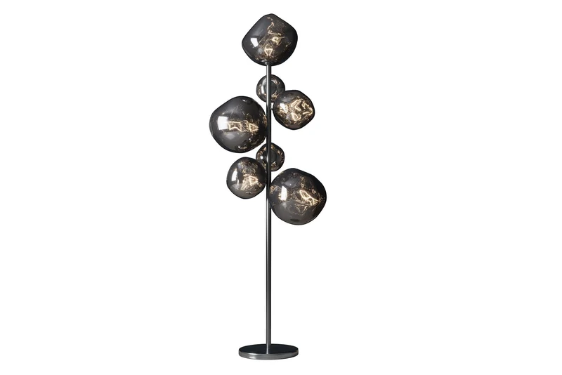 Lampadaire design LIQUID DIAMOND 170cm verre fumé acier sept abat-jour lampe boule