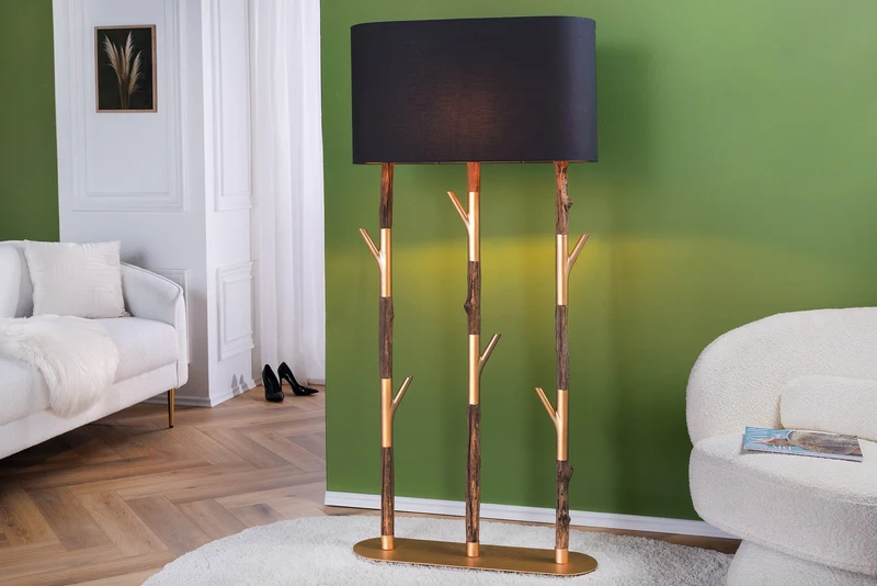 Lampadaire fait main WARDROBE 155cm noir doré bois de fer naturel bois massif