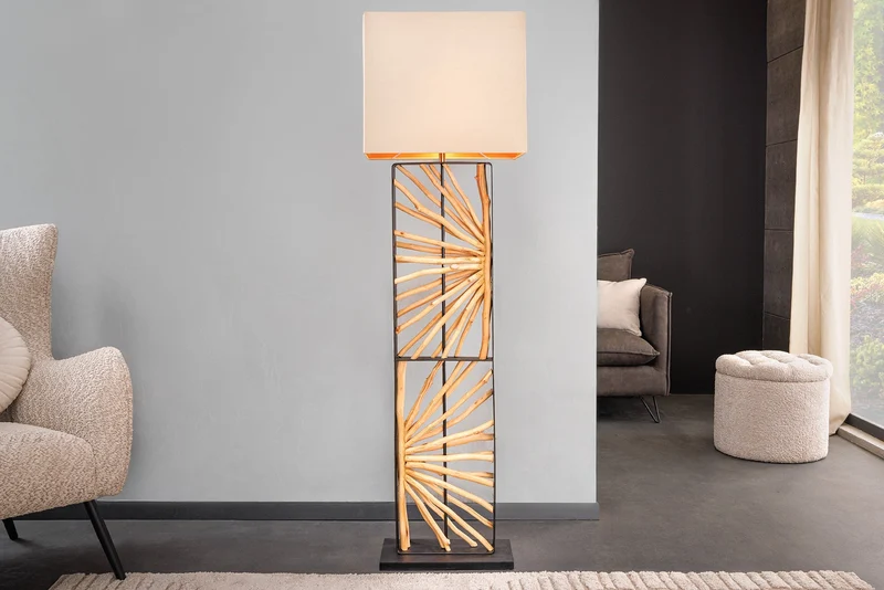 Lampadaire fait main EUPHORIA 165cm bois de longane naturel beige avec abat-jour