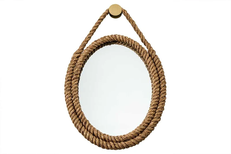 Miroir mural maritime SEVEN SEAS 60cm cadre ovale naturel avec suspension corde dorée