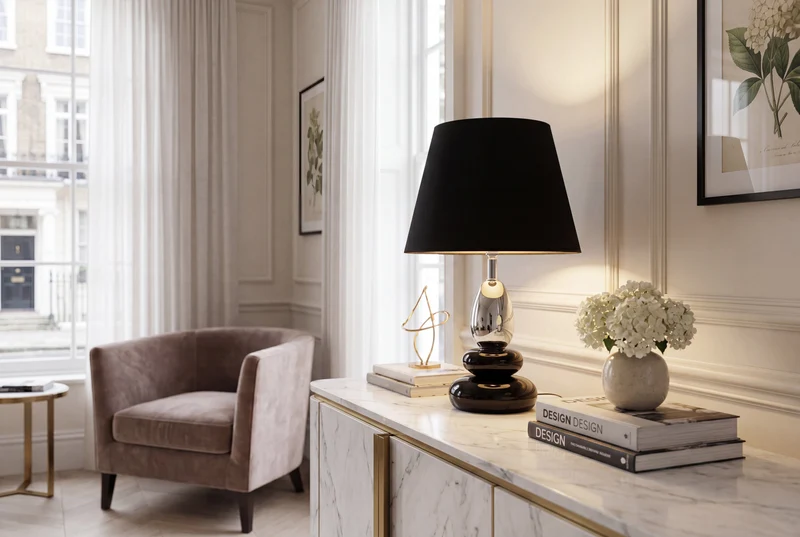 Lampe de table décorative STONES OF ZEN 45cm noir argent avec abat-jour en tissu rond inclinable (réf. 70019)