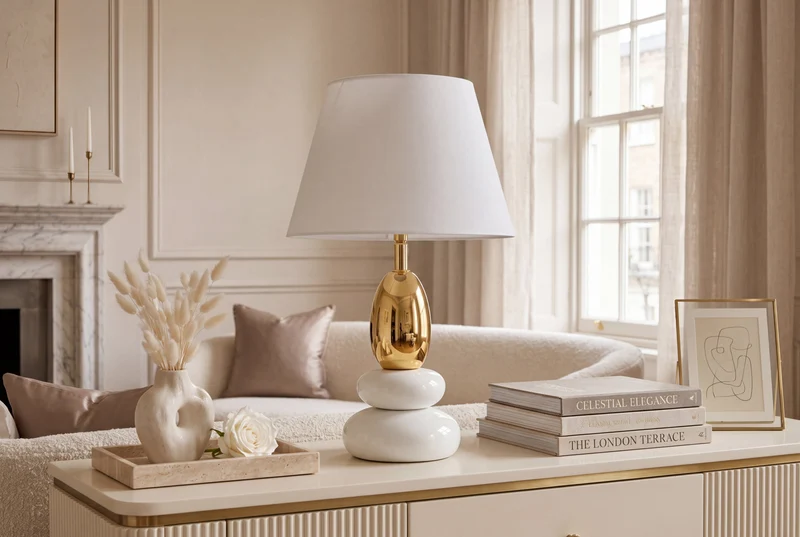 Lampe de table décorative STONES OF ZEN 45cm blanc or avec abat-jour en tissu rond