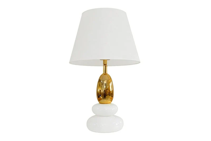Lampe de table décorative STONES OF ZEN 45cm blanc or avec abat-jour en tissu rond