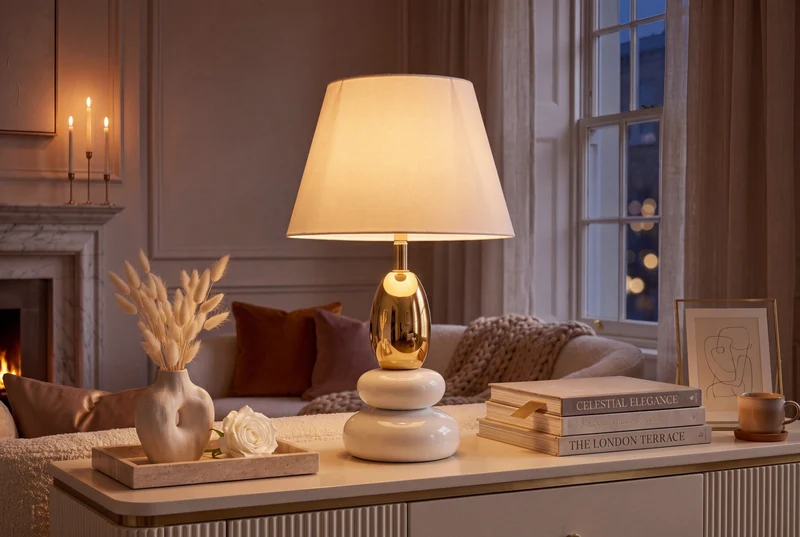 Lampe de table décorative STONES OF ZEN 45cm blanc or avec abat-jour en tissu rond