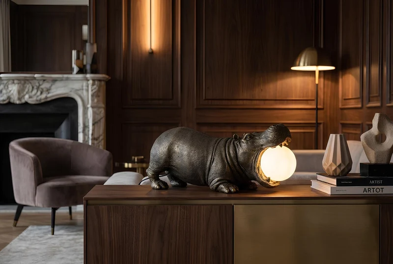 Lot de 2x Lampe de table faite main HIPPO 45cm sculpture hippopotame noire avec boule de lampe