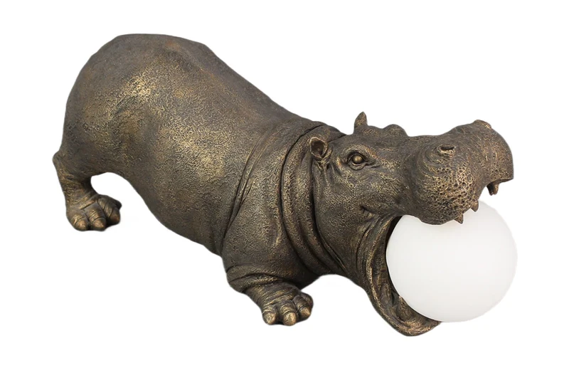 Lot de 2x Lampe de table faite main HIPPO 45cm sculpture hippopotame noire avec boule de lampe