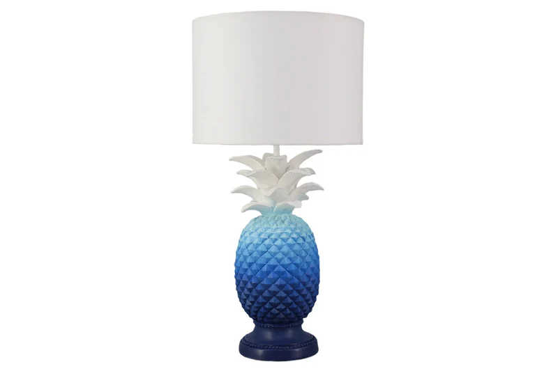 Lot de 2x Lampe de table faite main PINEAPPLE 50cm design ananas bleu blanc avec abat-jour en tissu