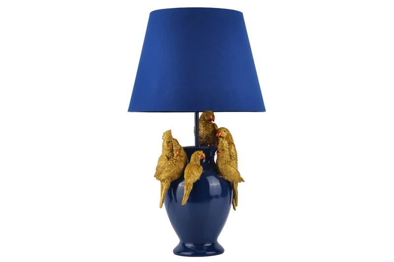 Lot de 2x Lampe de table faite main PARROT 55cm bleu or sculpture perroquet abat-jour en tissu