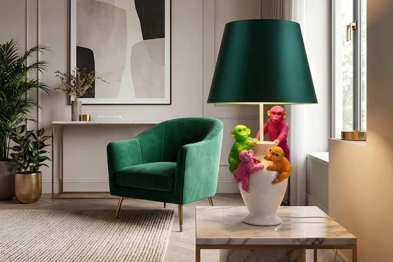 Lot de 2x Lampe de table faite main MONKEY 60cm blanc coloré vert tissu abat-jour sculptures de singe