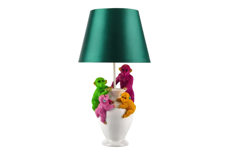 Lot de 2x Lampe de table faite main MONKEY 60cm blanc coloré vert tissu abat-jour sculptures de singe