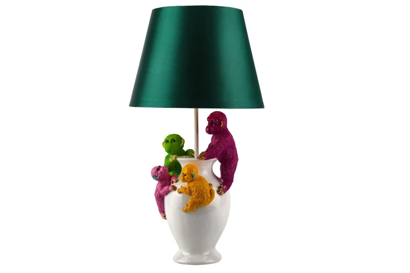 Lot de 2x Lampe de table faite main MONKEY 60cm blanc coloré vert tissu abat-jour sculptures de singe