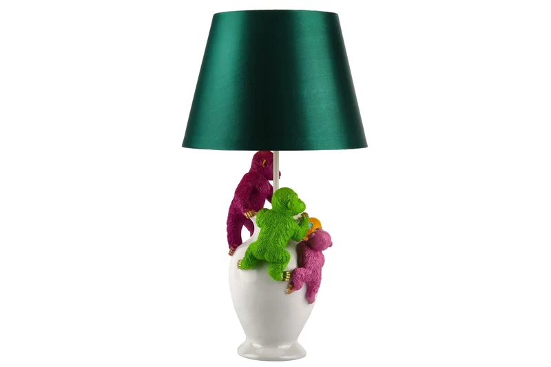 Lot de 2x Lampe de table faite main MONKEY 60cm blanc coloré vert tissu abat-jour sculptures de singe
