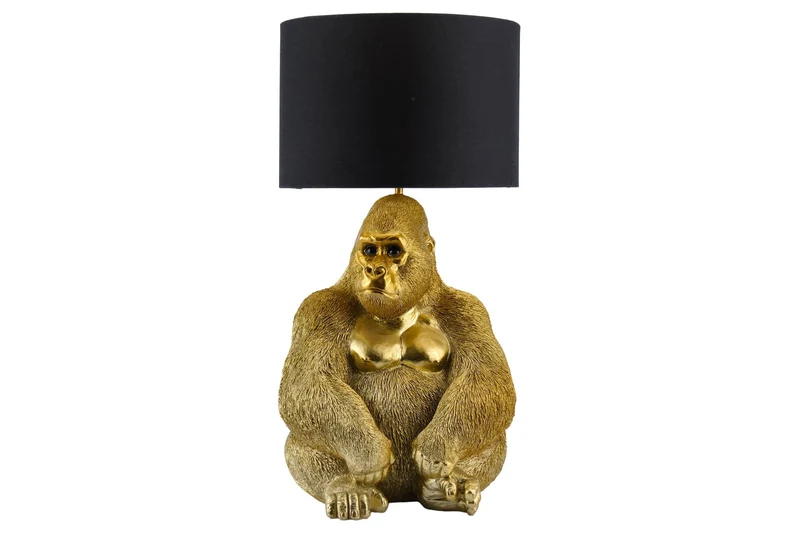 Lot de 2x Lampe de table faite main KING APE 55cm or noir abat-jour en tissu sculpture de gorille