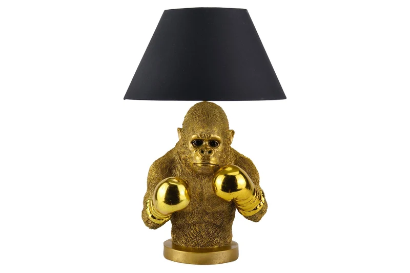 Lampe de table artisanale KING APE 55cm noir et or abat-jour en tissu sculpture de singe
