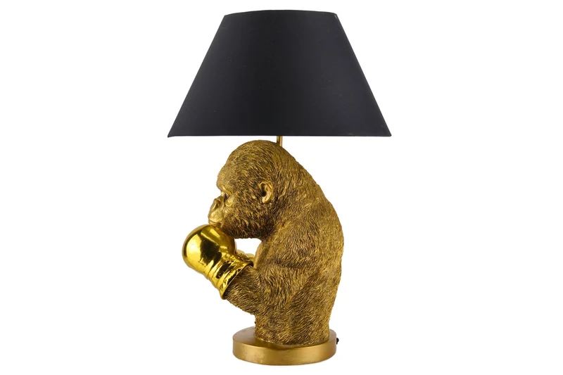 Lampe de table artisanale KING APE 55cm noir et or abat-jour en tissu sculpture de singe