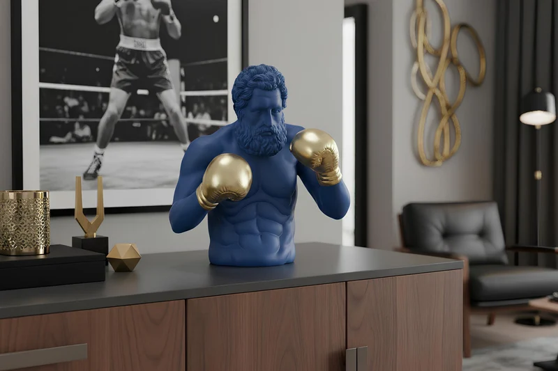 Statue unique BOXER 50cm bleu or fait main sculpture figurine décorative