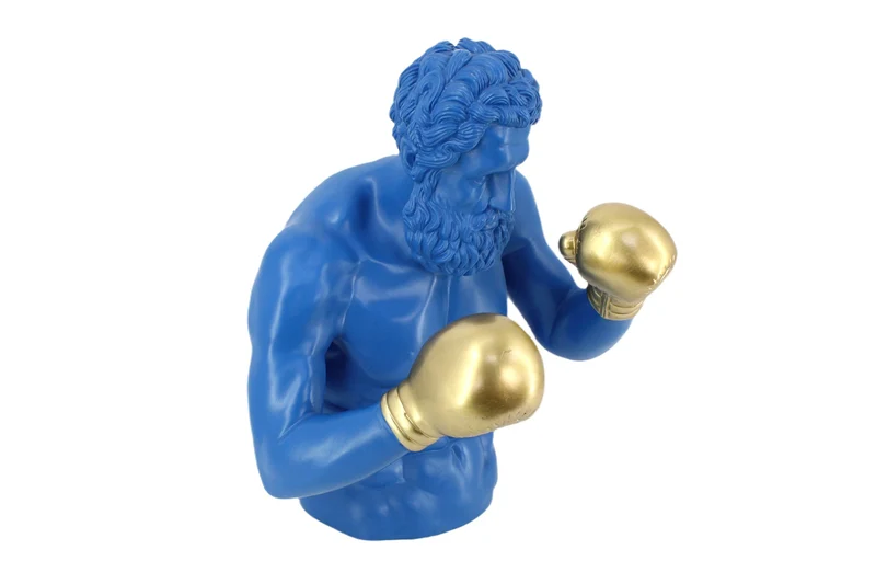 Statue unique BOXER 50cm bleu or fait main sculpture figurine décorative
