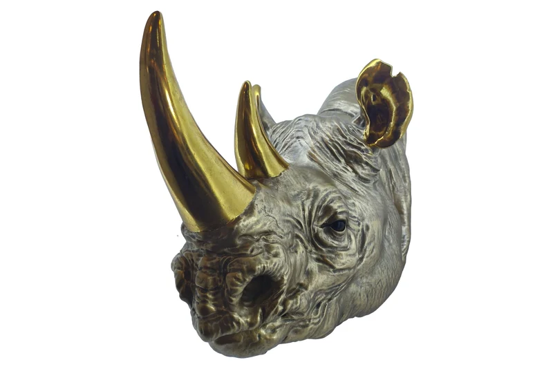Figurine murale décorative RHINO 60 cm or fait main sculpture de rhinocéros