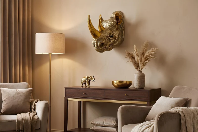 Lot de 2x figurine murale décorative RHINO 40cm gold handmade sculpture de rhinocéros