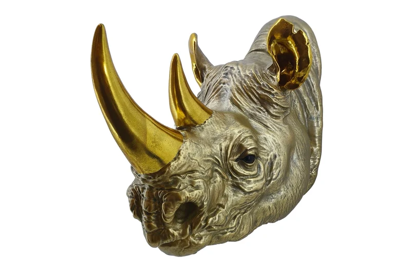 Lot de 2x figurine murale décorative RHINO 40cm gold handmade sculpture de rhinocéros