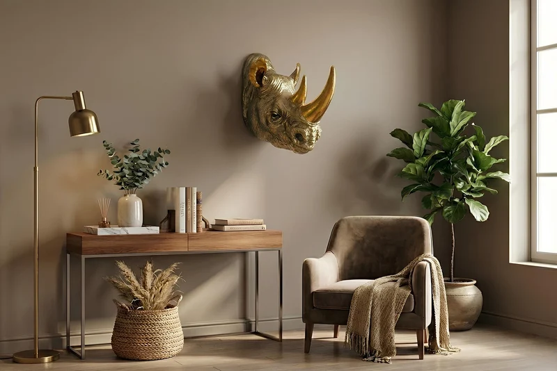 Lot de 2x figurine murale décorative RHINO 40cm gold handmade sculpture de rhinocéros