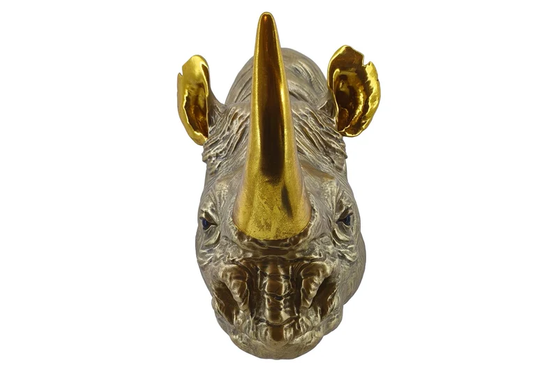 Lot de 2x figurine murale décorative RHINO 40cm gold handmade sculpture de rhinocéros