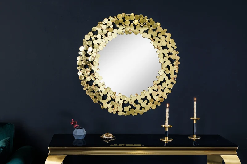 Miroir mural décoratif COINS 80cm XL or antique rond fait main en métal