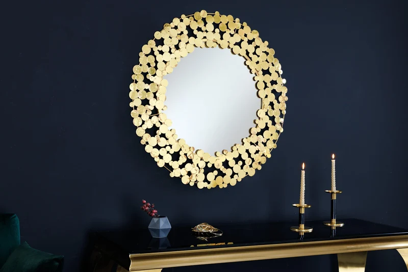 Miroir mural décoratif COINS 80cm XL or antique rond fait main en métal